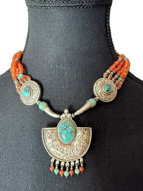 Vintage Tibetan Silver Turquoise Necklace Orange Beads Beaded Boho Nepal Ornate